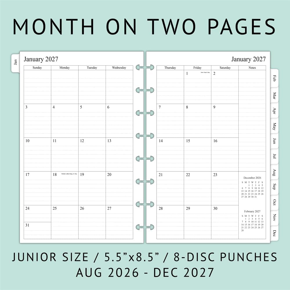 newestor 2026-2027 Monthly Planner Refill for 8-Discbound Notebook, Two Pages Per Month, Aug 2026 to Dec 2027, Junior Size 5-1/2"x8-1/2"