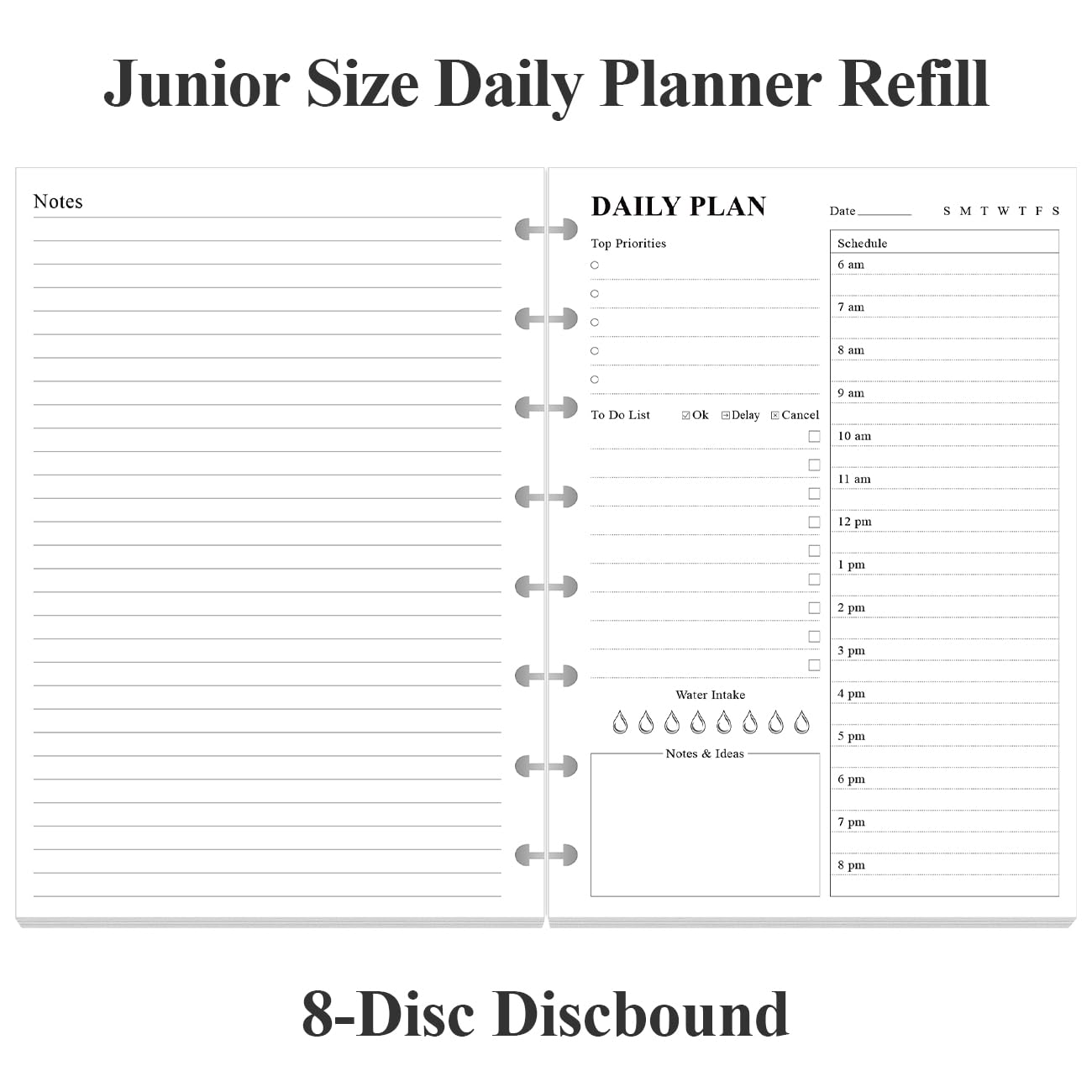 Weekly Planner Undated Refills - Junior Size 53 Sheets/106 Pages Weekly Planner for 8-Disc Discbound, 100 gsm White Paper, Lasts 1 Year, Undated, 5.8" x 8.3", Black