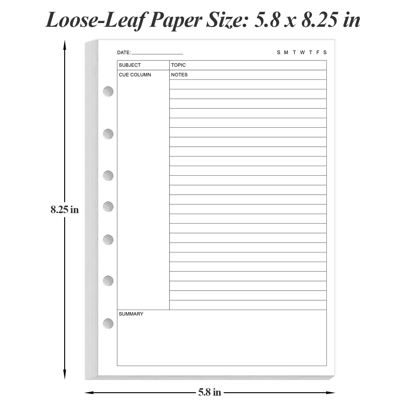 Junior Size Cornell Notes Filler Paper - A5 TUL Custom Note-Taking System 8 Disc Discbound Refill Pages, 50 Sheets/100 Pages, 100 gsm White Paper, 5.8" x 8.3"