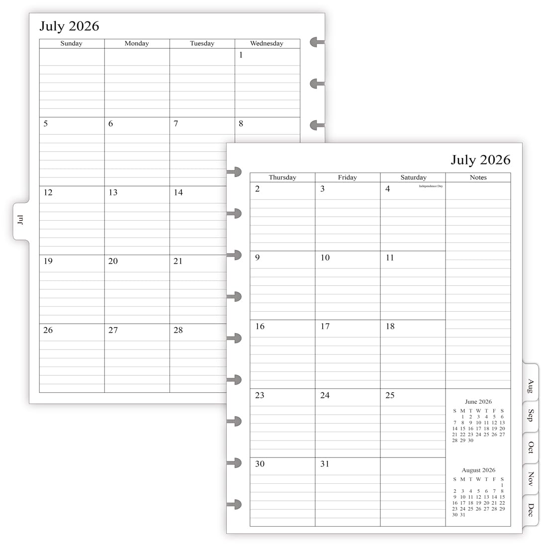 newestor 2026-2027 Monthly Planner Refill for 8-Discbound Notebook, Two Pages Per Month, Aug 2026 to Dec 2027, Junior Size 5-1/2"x8-1/2"