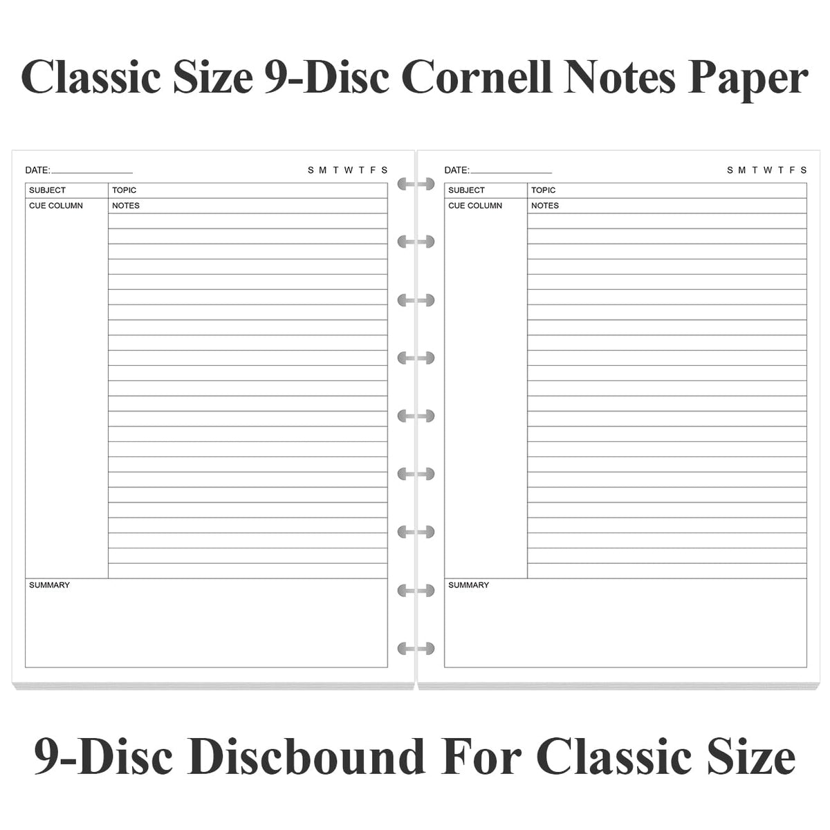 Junior Size Cornell Notes Filler Paper - A5 TUL Custom Note-Taking System 8 Disc Discbound Refill Pages, 50 Sheets/100 Pages, 100 gsm White Paper, 5.8" x 8.3"