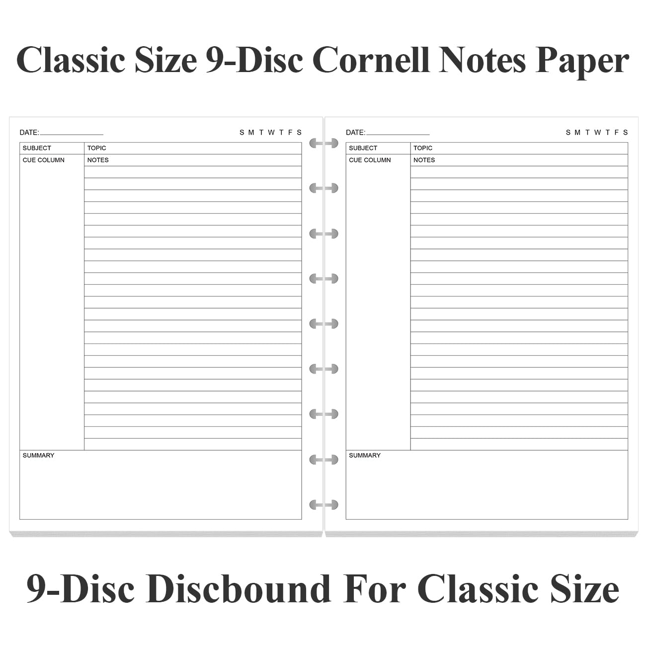 Junior Size Cornell Notes Filler Paper - A5 TUL Custom Note-Taking System 8 Disc Discbound Refill Pages, 50 Sheets/100 Pages, 100 gsm White Paper, 5.8" x 8.3"