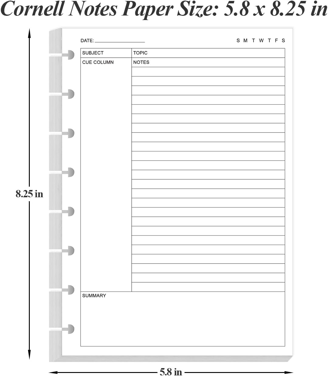 Junior Size Cornell Notes Filler Paper - A5 TUL Custom Note-Taking System 8 Disc Discbound Refill Pages, 50 Sheets/100 Pages, 100 gsm White Paper, 5.8" x 8.3"