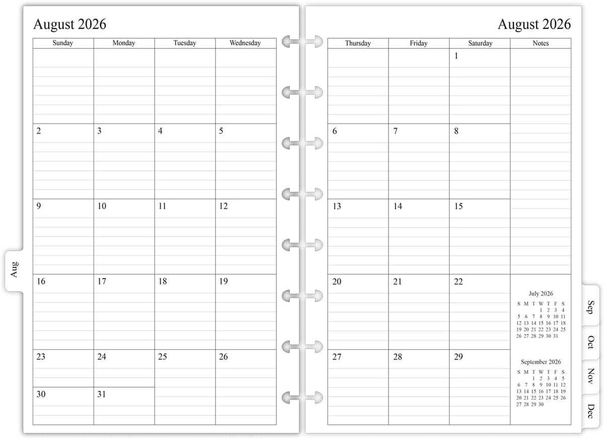 newestor 2026-2027 Monthly Planner Refill for 8-Discbound Notebook, Two Pages Per Month, Aug 2026 to Dec 2027, Junior Size 5-1/2"x8-1/2"