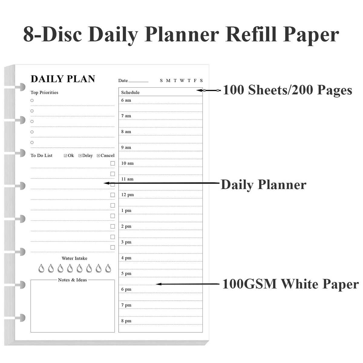 Weekly Planner Undated Refills - Junior Size 53 Sheets/106 Pages Weekly Planner for 8-Disc Discbound, 100 gsm White Paper, Lasts 1 Year, Undated, 5.8" x 8.3", Black