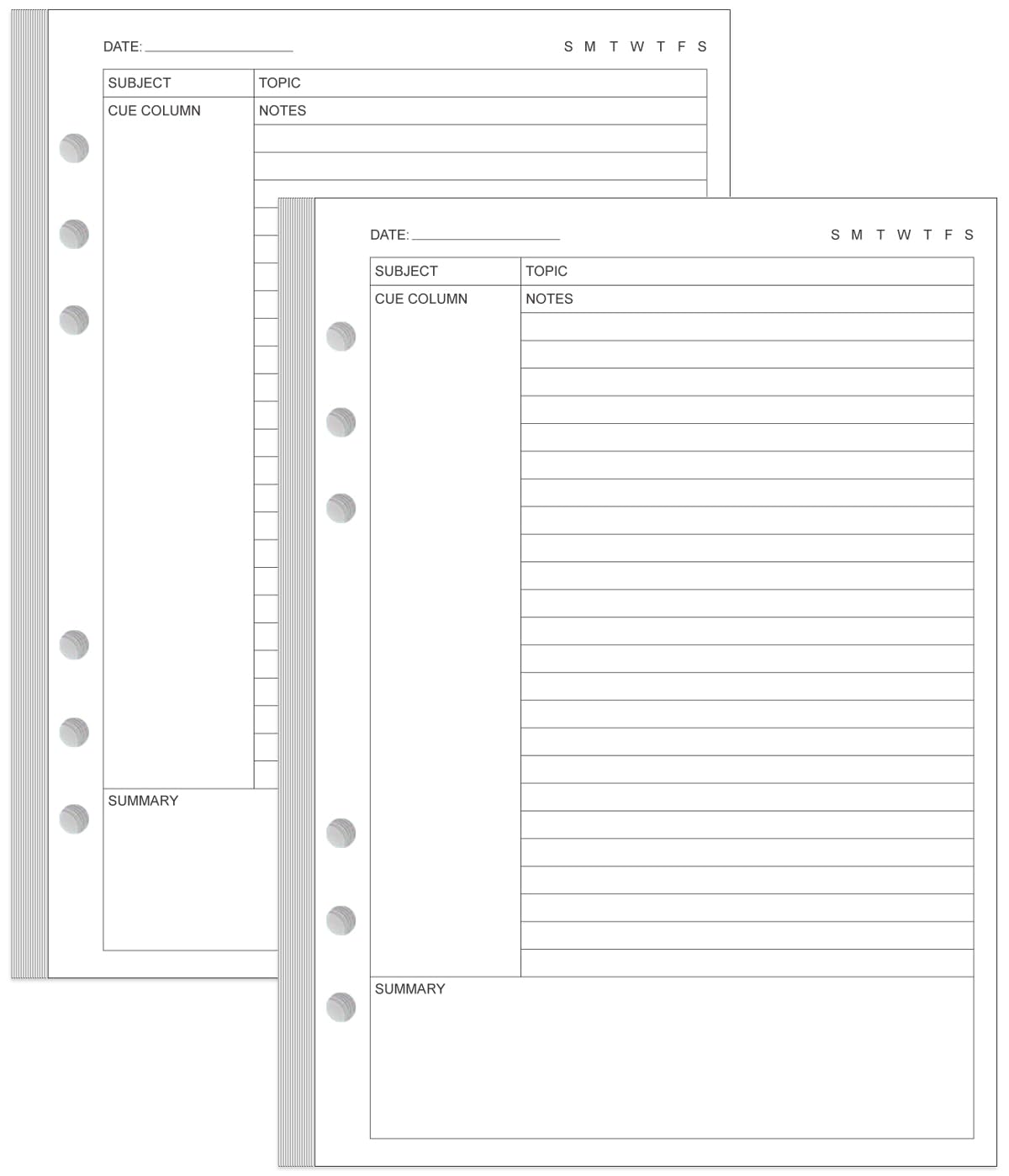 Junior Size Cornell Notes Filler Paper - A5 TUL Custom Note-Taking System 8 Disc Discbound Refill Pages, 50 Sheets/100 Pages, 100 gsm White Paper, 5.8" x 8.3"