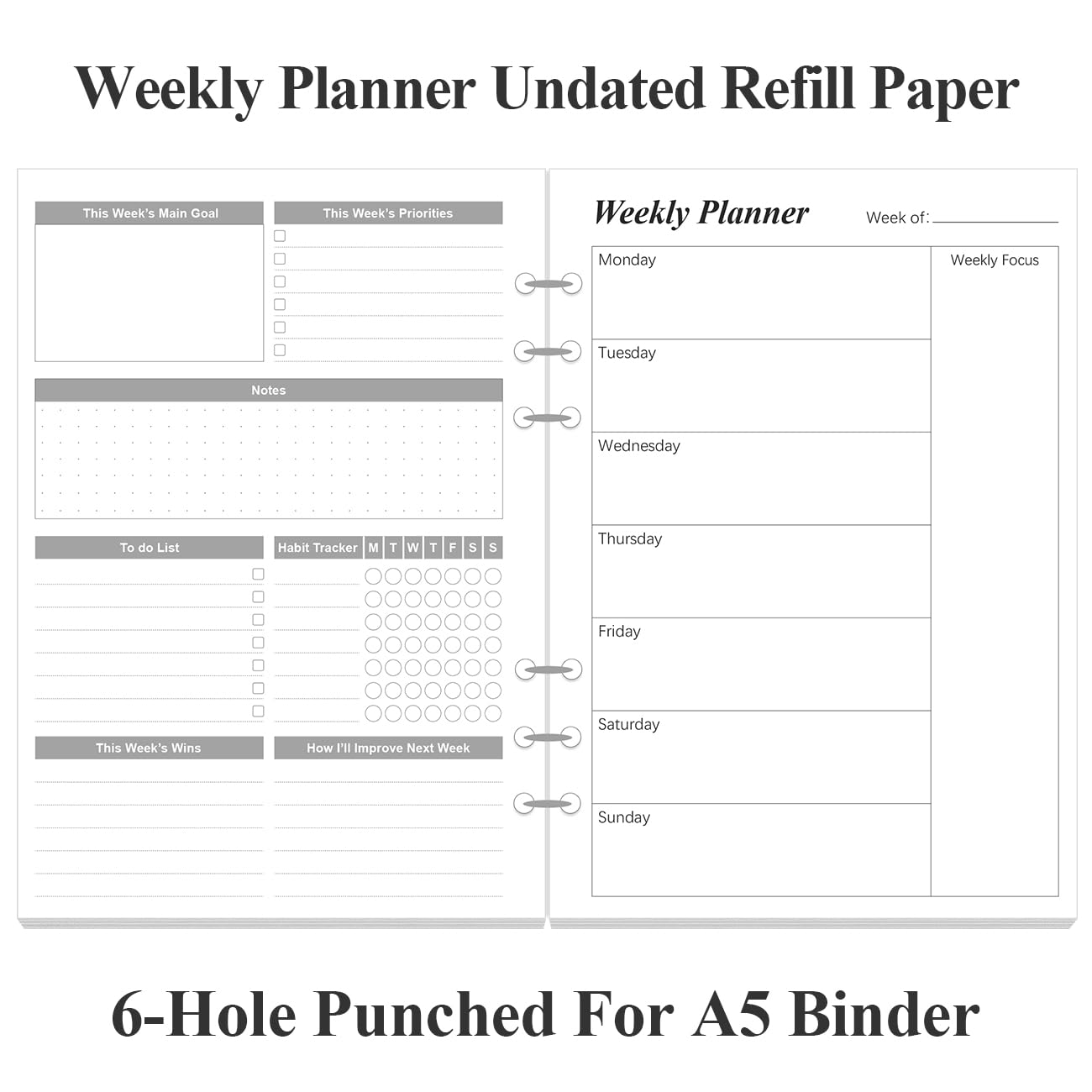 Weekly Planner Undated Refills - Junior Size 53 Sheets/106 Pages Weekly Planner for 8-Disc Discbound, 100 gsm White Paper, Lasts 1 Year, Undated, 5.8" x 8.3", Black