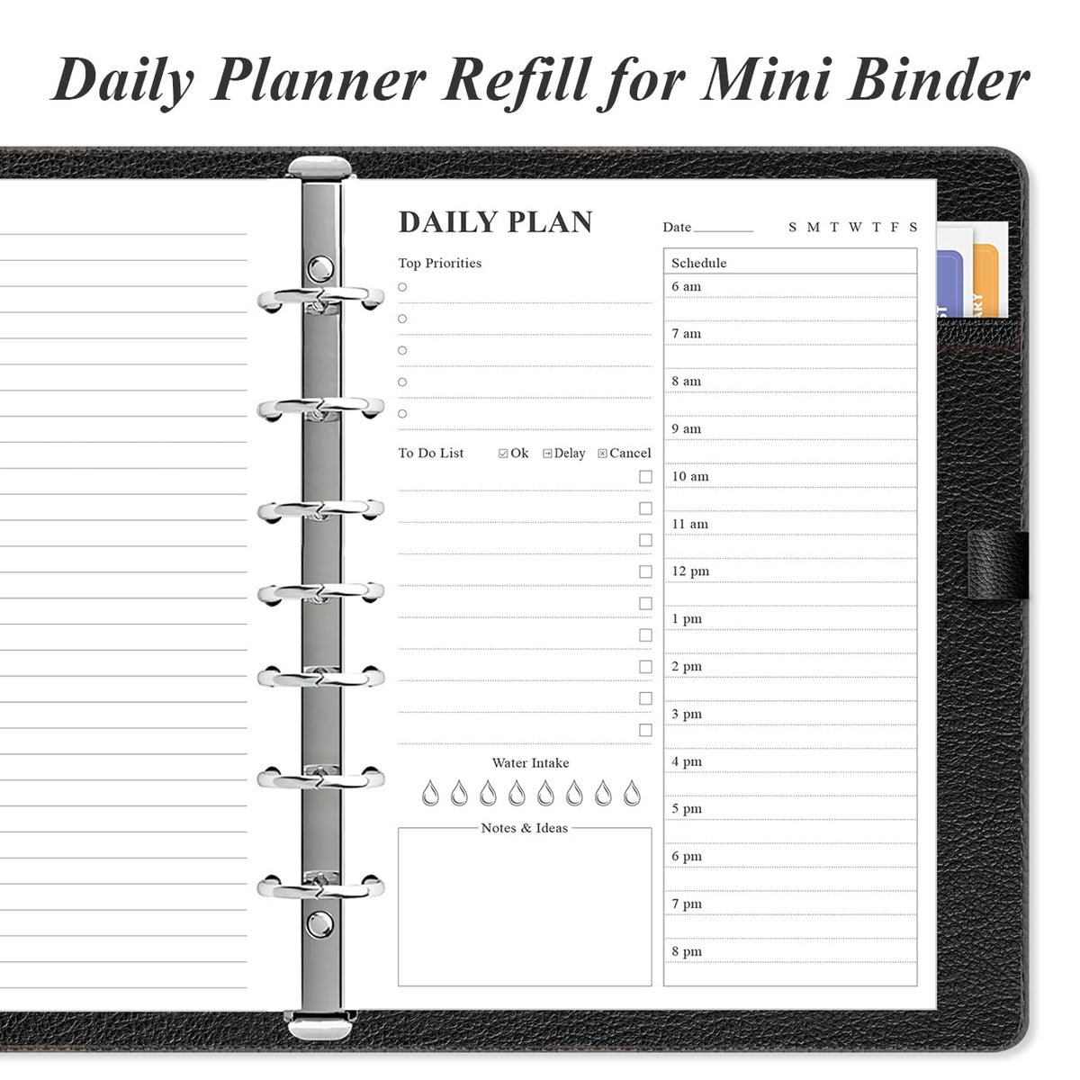Weekly Planner Undated Refills - Junior Size 53 Sheets/106 Pages Weekly Planner for 8-Disc Discbound, 100 gsm White Paper, Lasts 1 Year, Undated, 5.8" x 8.3", Black