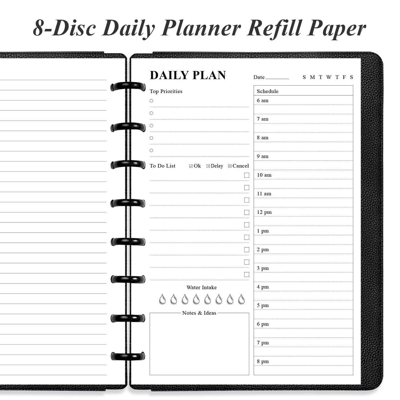Weekly Planner Undated Refills - Junior Size 53 Sheets/106 Pages Weekly Planner for 8-Disc Discbound, 100 gsm White Paper, Lasts 1 Year, Undated, 5.8" x 8.3", Black