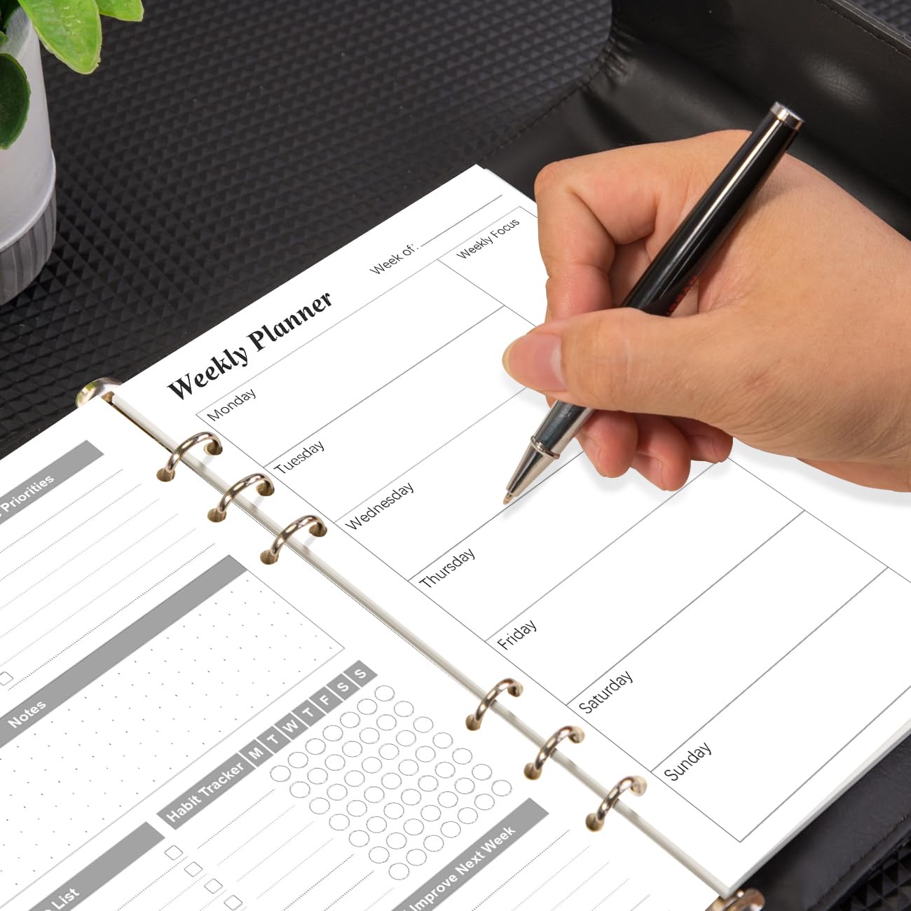 Weekly Planner Undated Refills - Junior Size 53 Sheets/106 Pages Weekly Planner for 8-Disc Discbound, 100 gsm White Paper, Lasts 1 Year, Undated, 5.8" x 8.3", Black