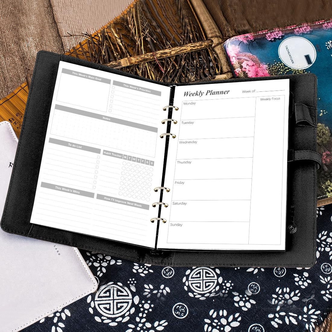 Weekly Planner Undated Refills - Junior Size 53 Sheets/106 Pages Weekly Planner for 8-Disc Discbound, 100 gsm White Paper, Lasts 1 Year, Undated, 5.8" x 8.3", Black