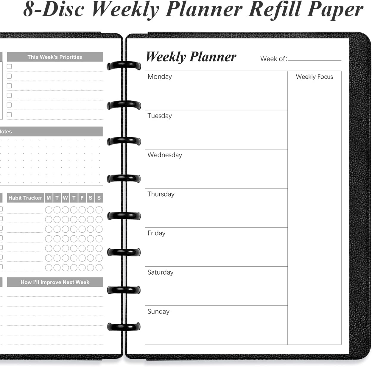 Weekly Planner Undated Refills - Junior Size 53 Sheets/106 Pages Weekly Planner for 8-Disc Discbound, 100 gsm White Paper, Lasts 1 Year, Undated, 5.8" x 8.3", Black