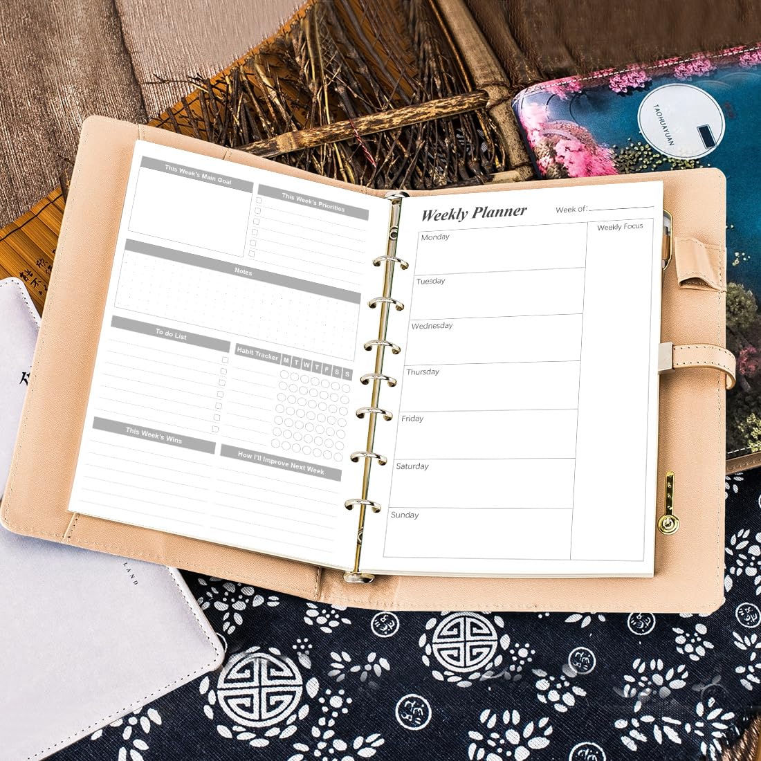 Weekly Planner Undated Refills - Junior Size 53 Sheets/106 Pages Weekly Planner for 8-Disc Discbound, 100 gsm White Paper, Lasts 1 Year, Undated, 5.8" x 8.3", Black